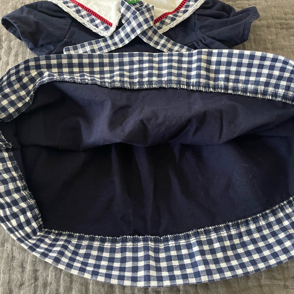 Vintage Navy White Dress & Cap Matching Set Rosettes 2T Cotton Gingham Collar - Picture 11 of 12